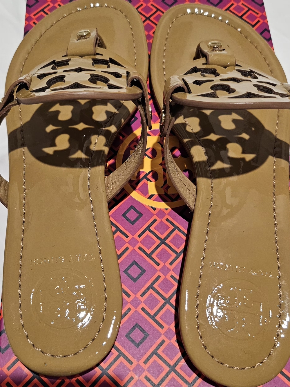 Tory Burch Tan Patent Leather Cutout Logo Toe-Post Sandals